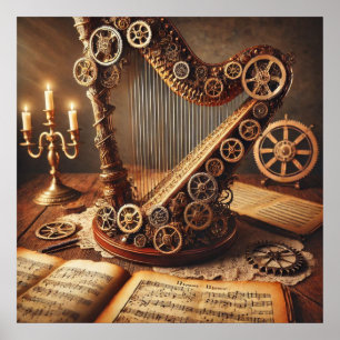 Steampunk Grote Harp, Bladmuziek, Kaarsen, Tandwie Poster