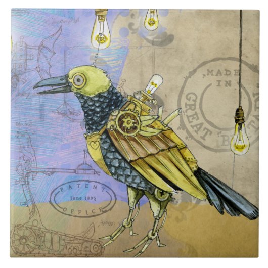 Steampunk Grunge Tekening van mechanische vogelsta Tegeltje (Voorkant)