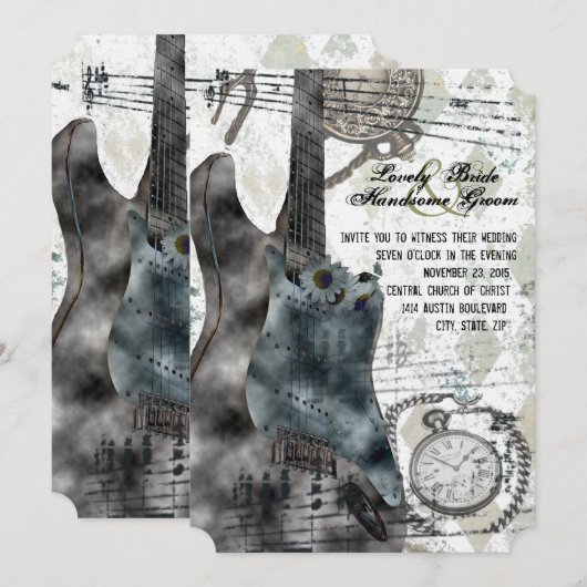 Steampunk Guitar Time Music Wedding Invitation Kaart (Voorkant / Achterkant)