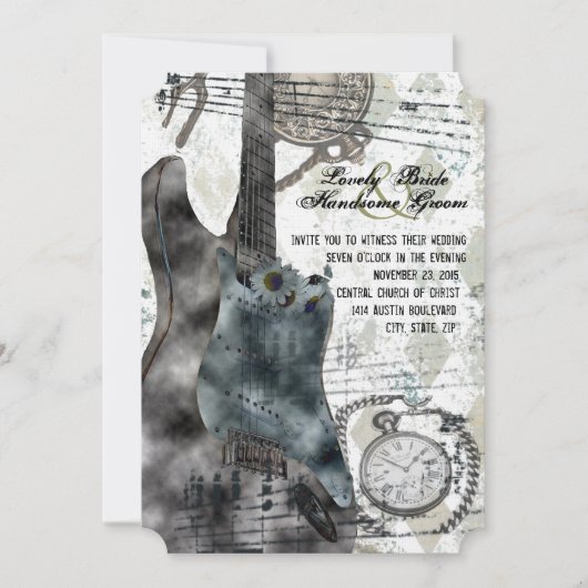 Steampunk Guitar Time Music Wedding Invitation Kaart (Voorkant)