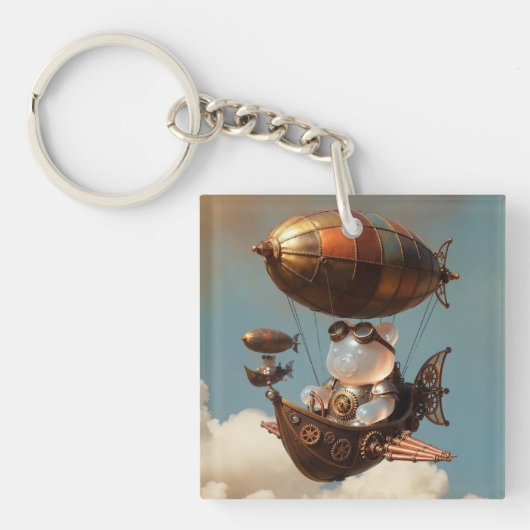 Steampunk Gummy Bear Piloot in Fantasie Luchtship Sleutelhanger (voorkant)
