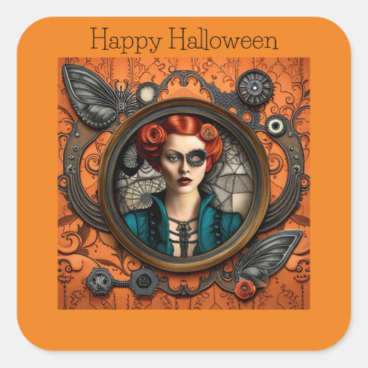 Steampunk Halloween Vrouw Vierkante Sticker (Voorkant)