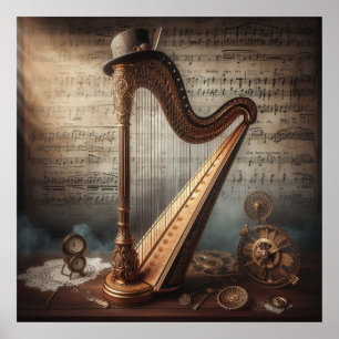 Steampunk harp = bladmuziek achtergrond poster