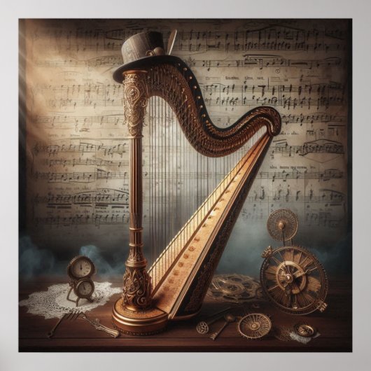 Steampunk harp = bladmuziek achtergrond poster (Voorkant)