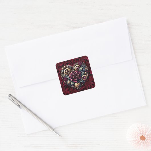 Steampunk Hart en Rozen Vierkante Sticker (Envelop)