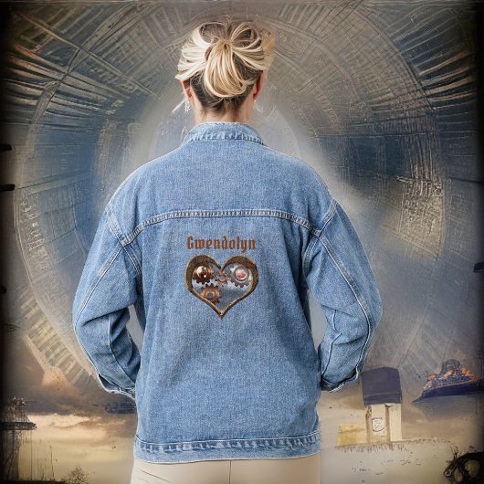 Steampunk Hart en Tandwielen met Monogram Naam Denim Jacket