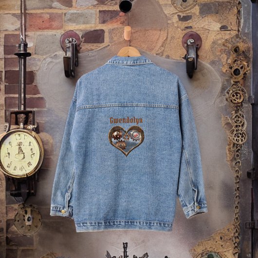 Steampunk Hart en Tandwielen met Monogram Naam Denim Jacket
