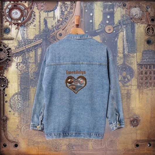 Steampunk Hart en Tandwielen met Monogram Naam Denim Jacket