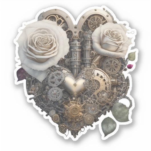 Steampunk Hart met Witte Rozen Sticker (Voorkant)