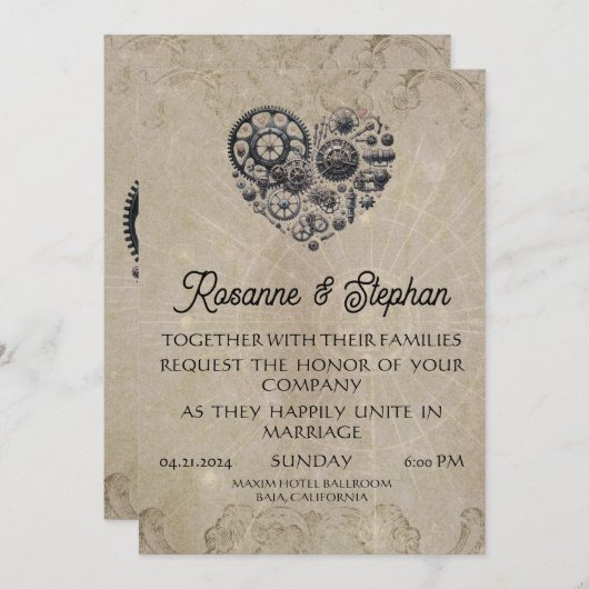 Steampunk Hart van Gears Bruiloft Kaart (Voorkant / Achterkant)