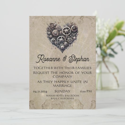 Steampunk Hart van Gears Bruiloft Kaart (Staand voorkant)