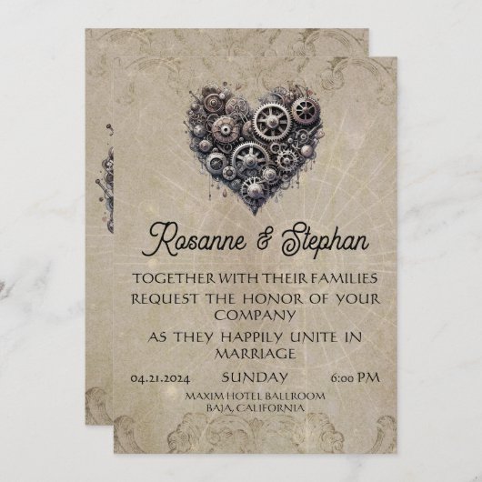 Steampunk Hart van Gears Bruiloft Kaart (Voorkant / Achterkant)