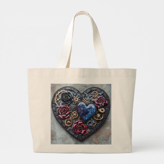 Steampunk Harten, Bloemen en Gears Grote Tote Bag (Achterkant)