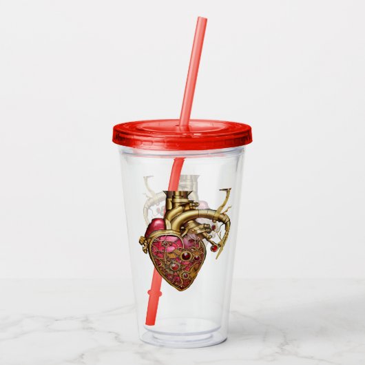 Steampunk Heart Anatomische robijnen en tandwielen Acryl Drinkbeker (Achterkant)