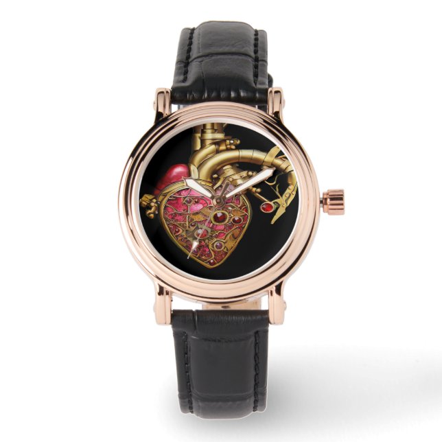 Steampunk Heart Anatomische robijnen en tandwielen Horloge (Voorkant)