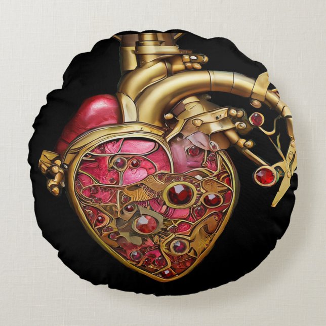 Steampunk Heart Anatomische robijnen en tandwielen Rond Kussen (Voorkant)