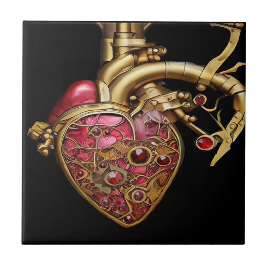 Steampunk Heart Anatomische robijnen en tandwielen Tegeltje (Voorkant)