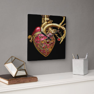 Steampunk Heart Anatomische robijnen en tandwielen Vierkante Klok
