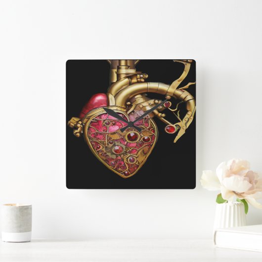 Steampunk Heart Anatomische robijnen en tandwielen Vierkante Klok (Huis)