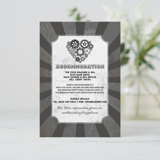 Steampunk Heart Cogs Accommodatie Trouwkaarten Informatiekaartje (Staand voorkant)