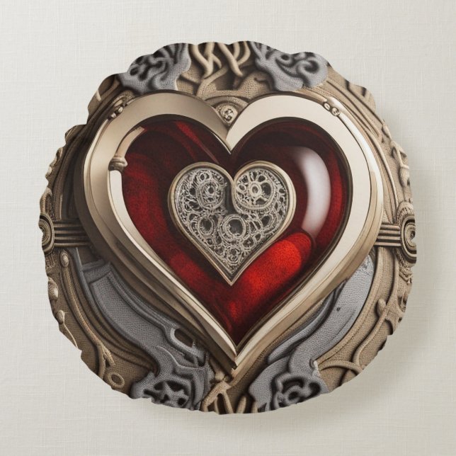 Steampunk Heart - Intrinsieke mechanische liefde Rond Kussen (Voorkant)