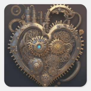 Steampunk Heart   Metalen tandwielen Vierkante Sticker