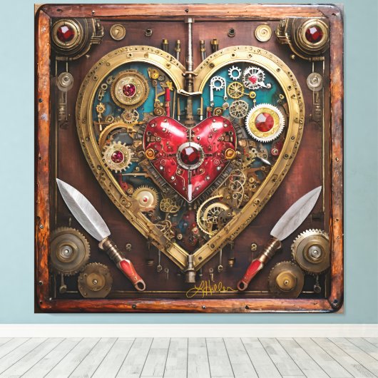 Steampunk Heart Rubies And Daggers For Warriors Canvas Afdruk (Insitu (Houten vloer))