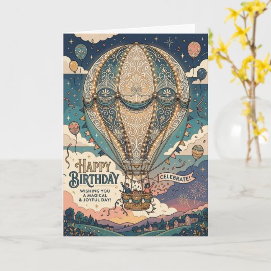 Steampunk Heet Luchtballon Avontuur Verjaardag Kaart (Gele Bloem)
