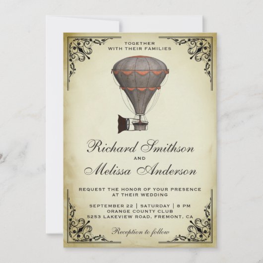 Steampunk Hete Luchtballon Bruiloft Uitnodiging (Voorkant)