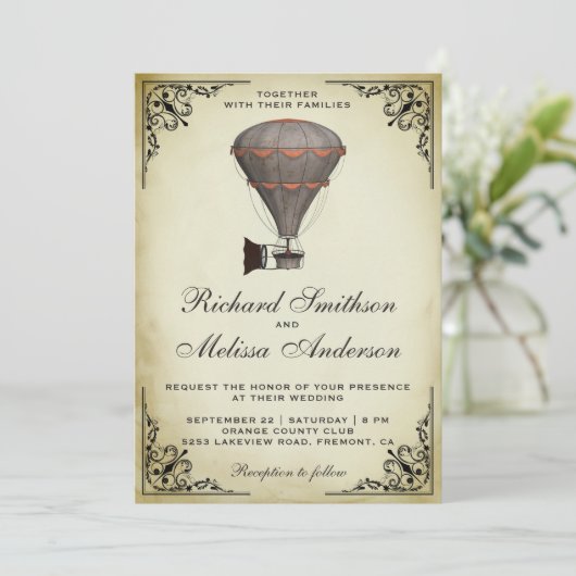 Steampunk Hete Luchtballon Bruiloft Uitnodiging (Staand voorkant)