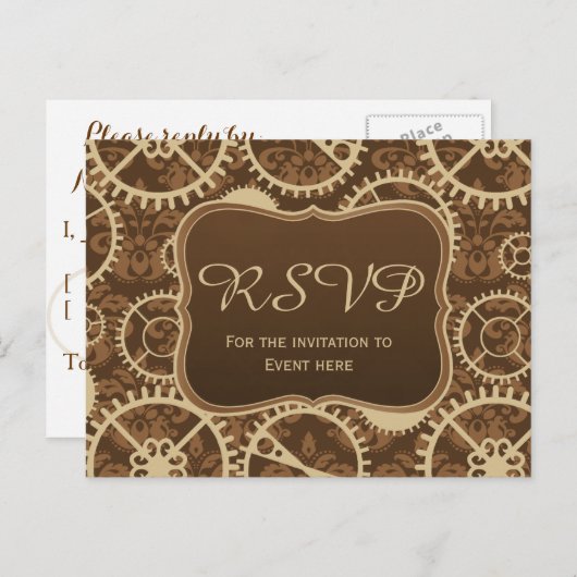 Steampunk horloge uitrusting en damast RSVP kaart (Voorkant / Achterkant)