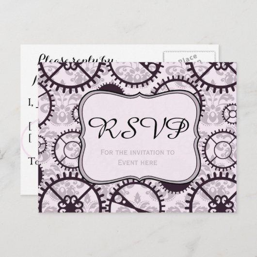 Steampunk horloge uitrusting en damast RSVP kaart (Voorkant / Achterkant)