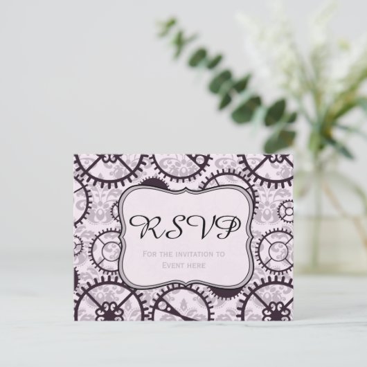 Steampunk horloge uitrusting en damast RSVP kaart (Staand voorkant)