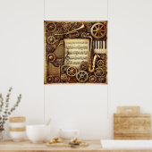 Steampunk Horns Gears Keyboard Bladmuziek Poster (Keuken)
