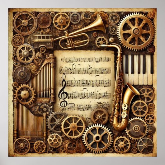 Steampunk Horns Gears Keyboard Bladmuziek Poster (Voorkant)
