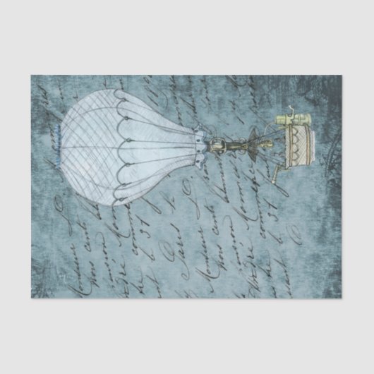 Steampunk Hot Air ballon Dok Blue Handschrift Tissuepapier (Voorkant)