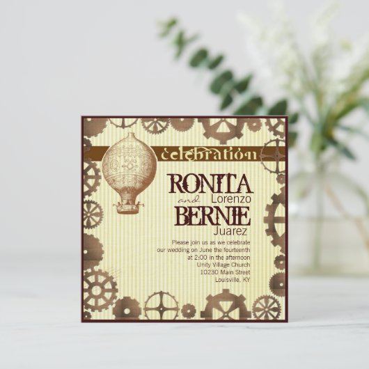 Steampunk hot-air ballonbruiloft sjabloon kaart (Staand voorkant)