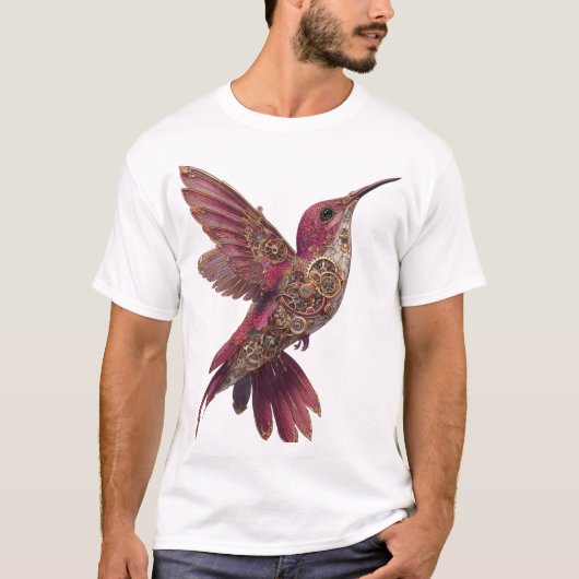 Steampunk Hummingbird — Magenta & Brass Clockwork  T-shirt (Voorkant)