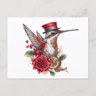 Steampunk Hummingbird met rood Pet en klokwerk Feestdagenkaart