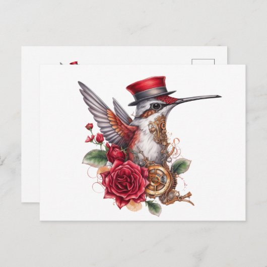 Steampunk Hummingbird met rood Pet en klokwerk Feestdagenkaart (Voorkant / Achterkant)