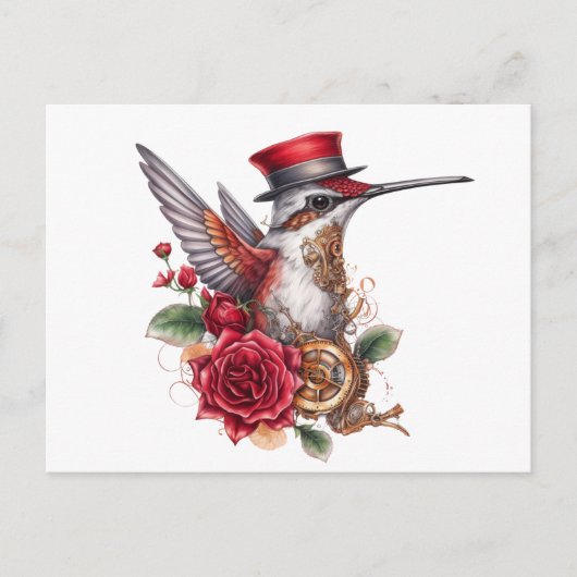 Steampunk Hummingbird met rood Pet en klokwerk Feestdagenkaart (Voorkant)