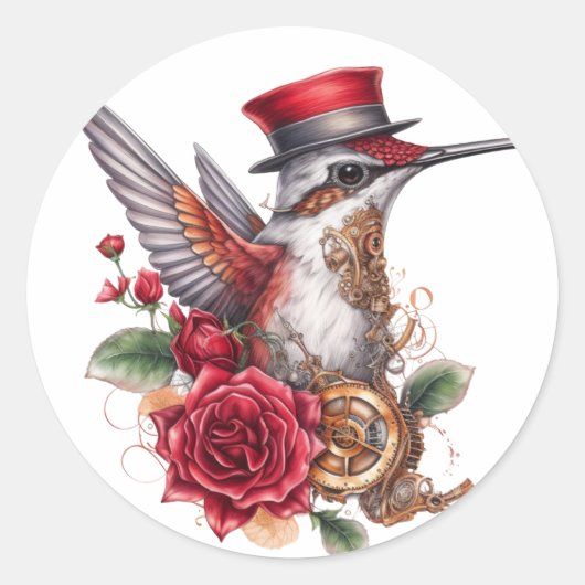 Steampunk Hummingbird met rood Pet en klokwerk Ronde Sticker (Voorkant)