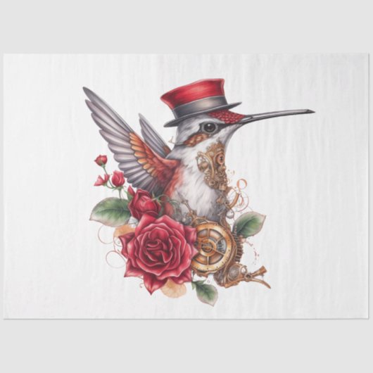 Steampunk Hummingbird met rood Pet en klokwerk Tissuepapier (Voorkant)