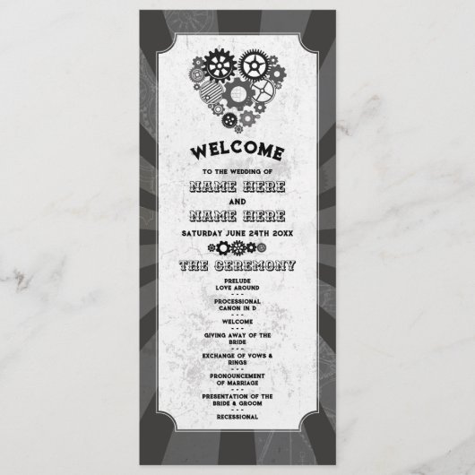 Steampunk huwelijksceremonie Heart Cogs Retro Programmakaart (Voorkant)
