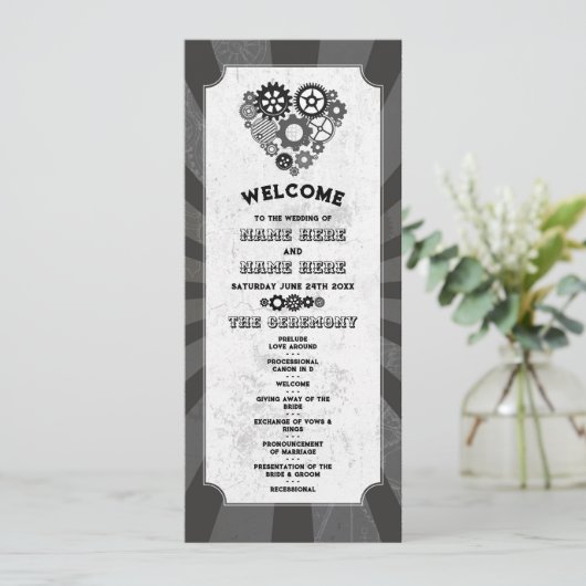 Steampunk huwelijksceremonie Heart Cogs Retro Programmakaart (Staand voorkant)