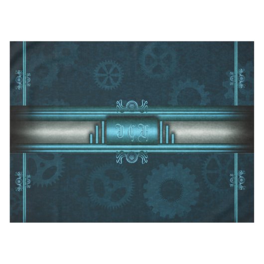 Steampunk, ijsblauw op blauwgroen cogs, Monogram Tafelkleed (Voorkant (Horizontaal))