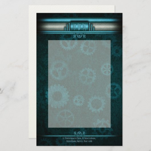 Steampunk, ijsblauw op blauwgroen vistuig, Monogra Briefpapier (Voorkant / Achterkant)