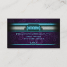Steampunk, ijsblauw, paarse tandwielen, monogram visitekaartje