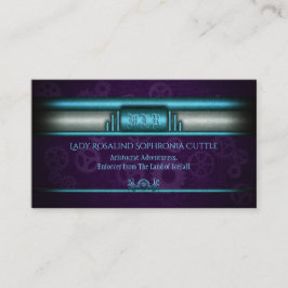 Steampunk, ijsblauw, paarse tandwielen, monogram visitekaartje