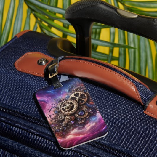 Steampunk Industrial Clockwork Paarse en Roze Bagagelabel (Voorkant Insitu 1)